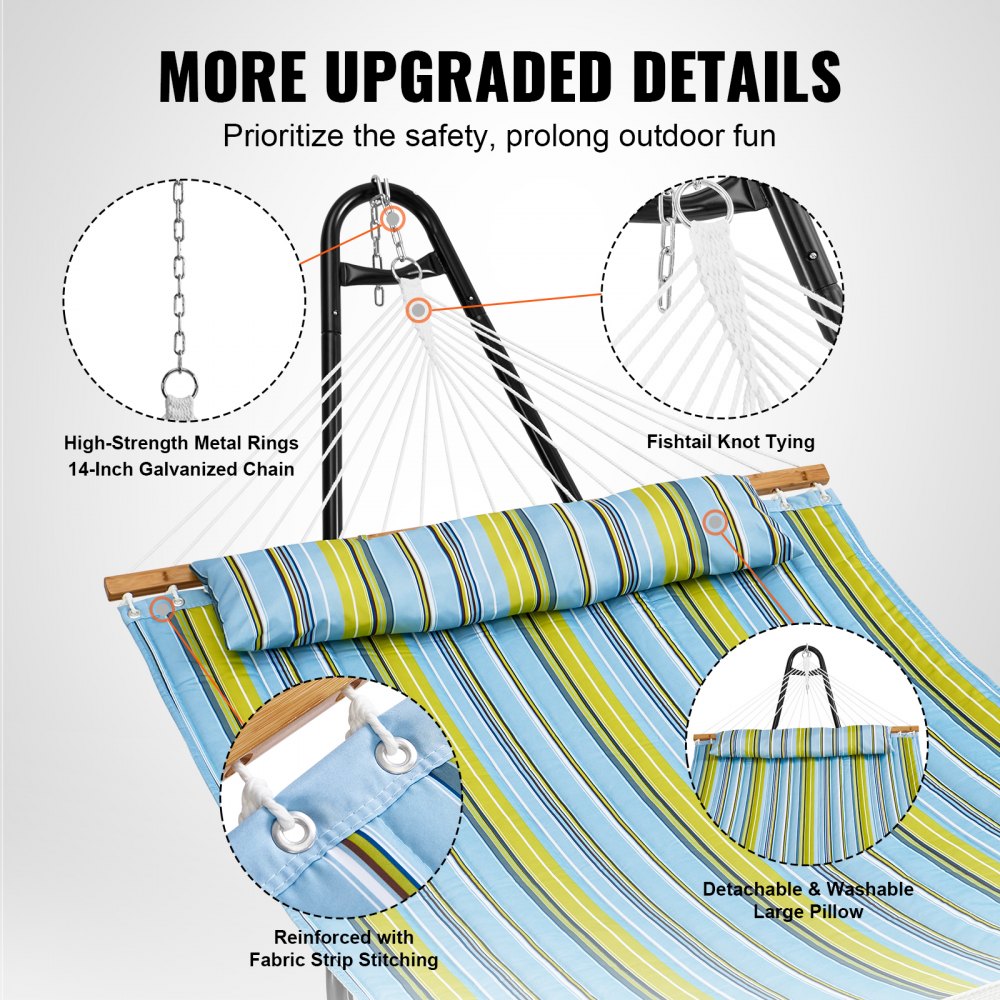 VEVOR Two Person Hammock with Stand Included Heavy Duty 480lb Capacity, Double Hammock with Portable Steel Stand and Carrying Bag and Pillow, Freestanding Hammock for Outdoor Patio Yard Beach 