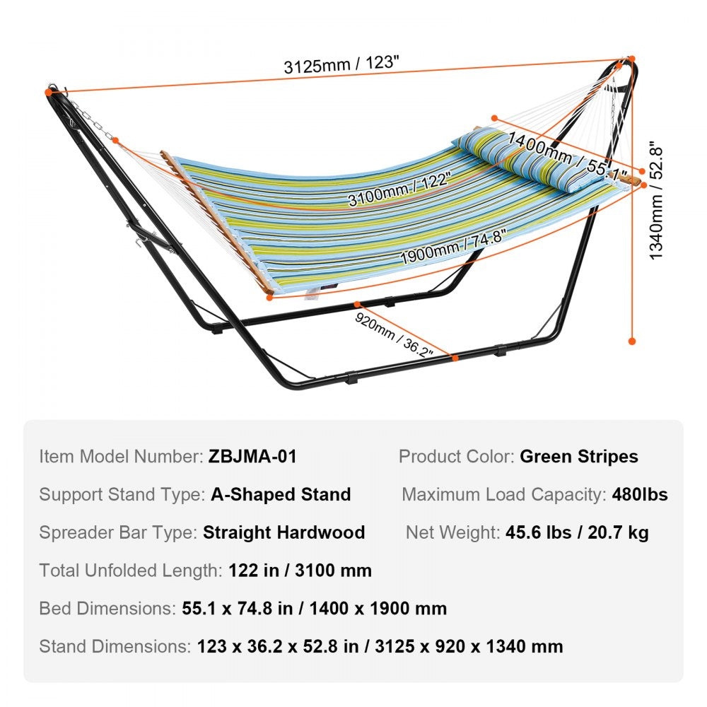 VEVOR Two Person Hammock with Stand Included Heavy Duty 480lb Capacity, Double Hammock with Portable Steel Stand and Carrying Bag and Pillow, Freestanding Hammock for Outdoor Patio Yard Beach 