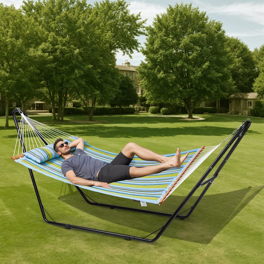 VEVOR Two Person Hammock with Stand Included Heavy Duty 480lb Capacity, Double Hammock with Portable Steel Stand and Carrying Bag and Pillow, Freestanding Hammock for Outdoor Patio Yard Beach 