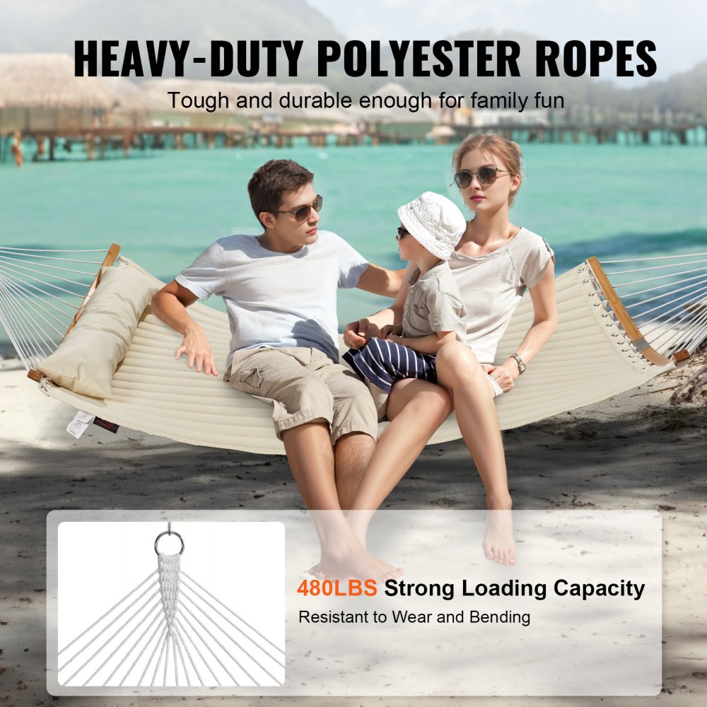 VEVOR Double Quilted Fabric Hammock, 12 FT Double Hammock with Curved Spreader Bars, 2 Person Quilted Hammock with Detachable Pillow and Chains for Camping Outdoor Patio Yard Beach, 480 lbs Capacity 