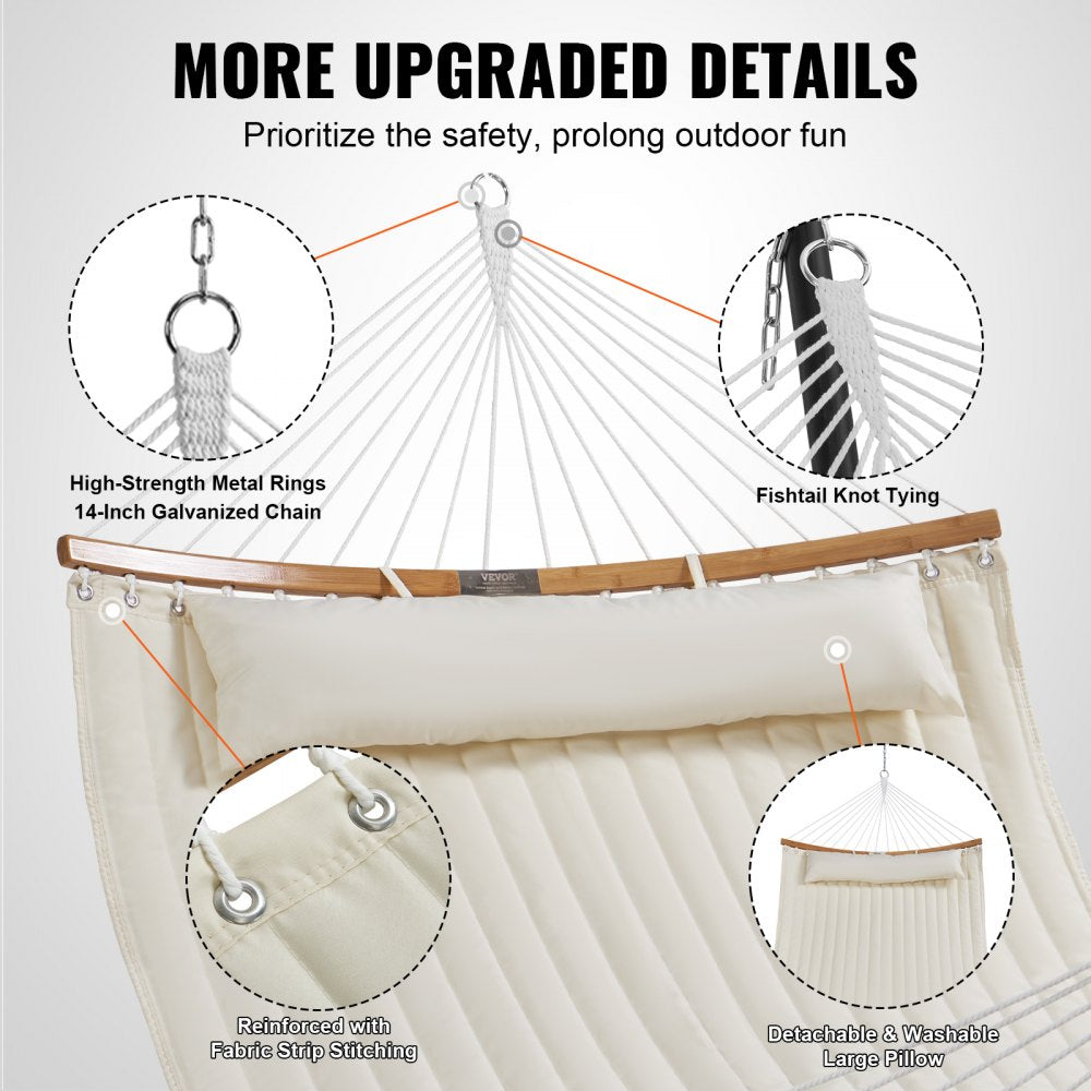 VEVOR Double Quilted Fabric Hammock, 12 FT Double Hammock with Curved Spreader Bars, 2 Person Quilted Hammock with Detachable Pillow and Chains for Camping Outdoor Patio Yard Beach, 480 lbs Capacity 