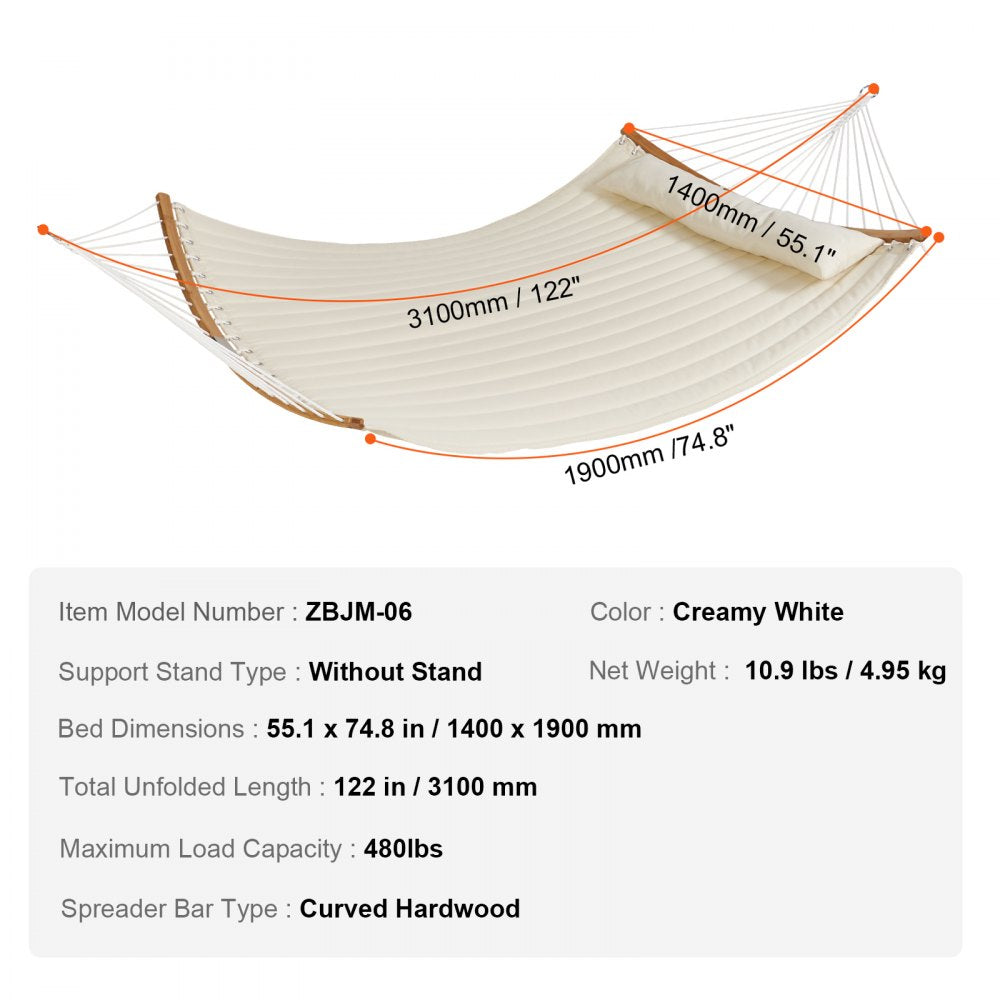 VEVOR Double Quilted Fabric Hammock, 12 FT Double Hammock with Curved Spreader Bars, 2 Person Quilted Hammock with Detachable Pillow and Chains for Camping Outdoor Patio Yard Beach, 480 lbs Capacity 