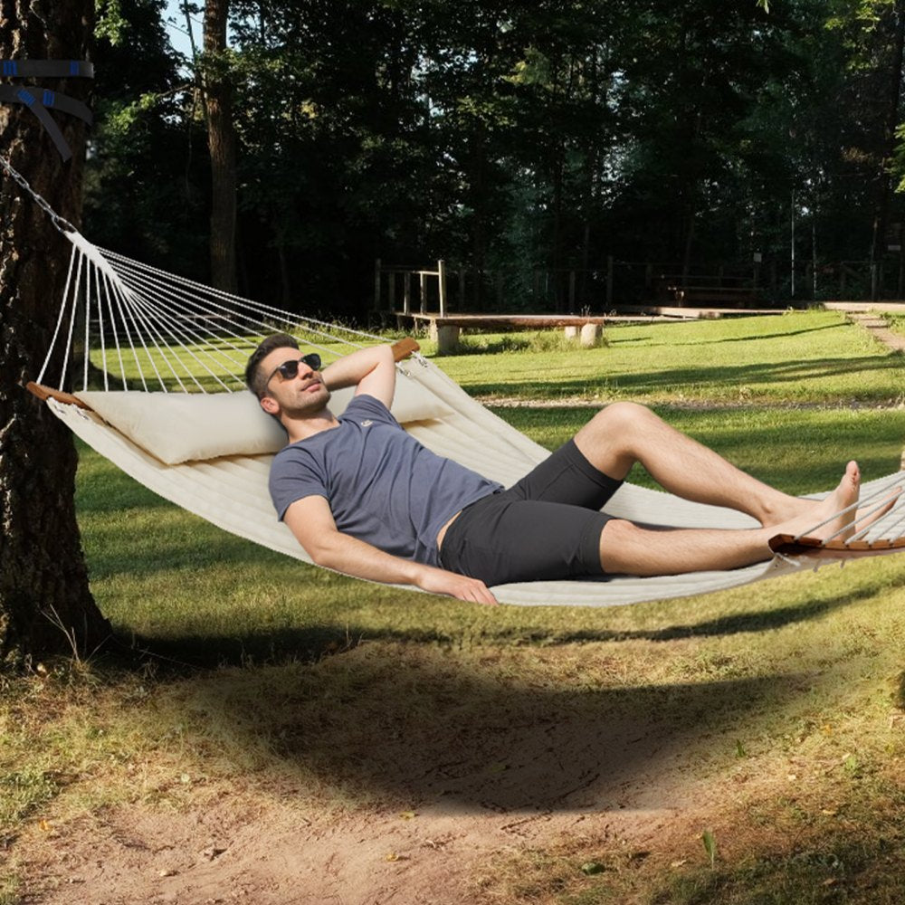 VEVOR Double Quilted Fabric Hammock, 12 FT Double Hammock with Curved Spreader Bars, 2 Person Quilted Hammock with Detachable Pillow and Chains for Camping Outdoor Patio Yard Beach, 480 lbs Capacity 