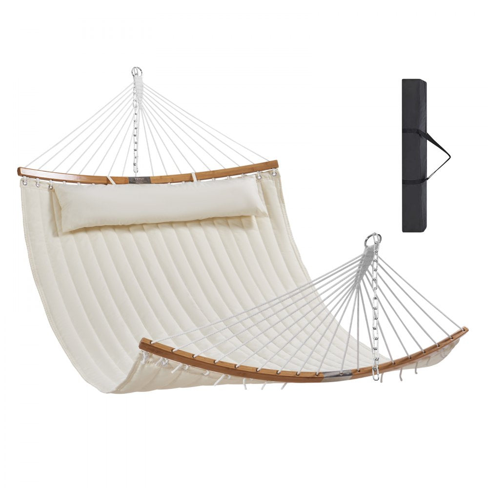 VEVOR Double Quilted Fabric Hammock, 12 FT Double Hammock with Curved Spreader Bars, 2 Person Quilted Hammock with Detachable Pillow and Chains for Camping Outdoor Patio Yard Beach, 480 lbs Capacity 