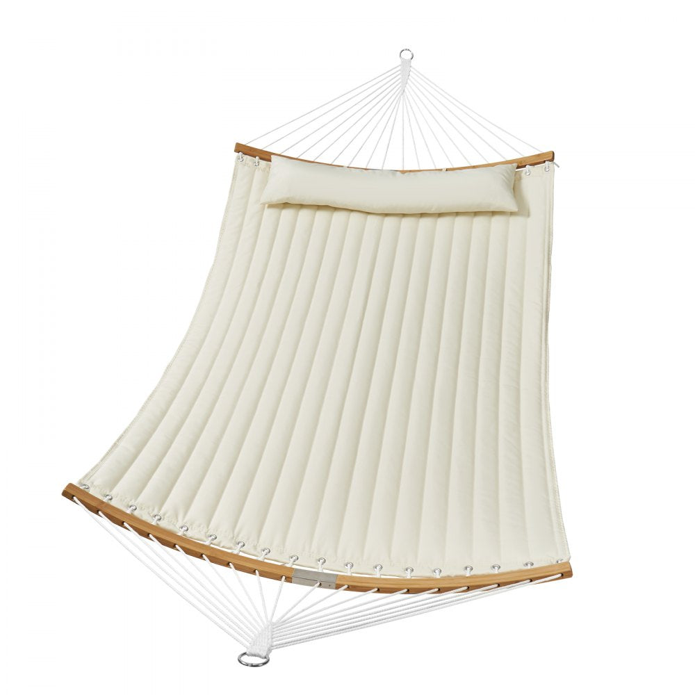 VEVOR Double Quilted Fabric Hammock, 12 FT Double Hammock with Curved Spreader Bars, 2 Person Quilted Hammock with Detachable Pillow and Chains for Camping Outdoor Patio Yard Beach, 480 lbs Capacity 