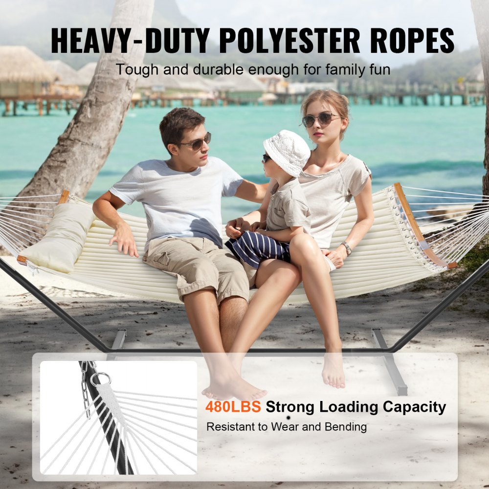 VEVOR Two Person Hammock with Stand Included, Double Hammock with Curved Spreader Bar and Detachable Pillow and Portable Carrying Bag, Perfect for Outdoor Freestanding Hammock, 480lb Capacity 