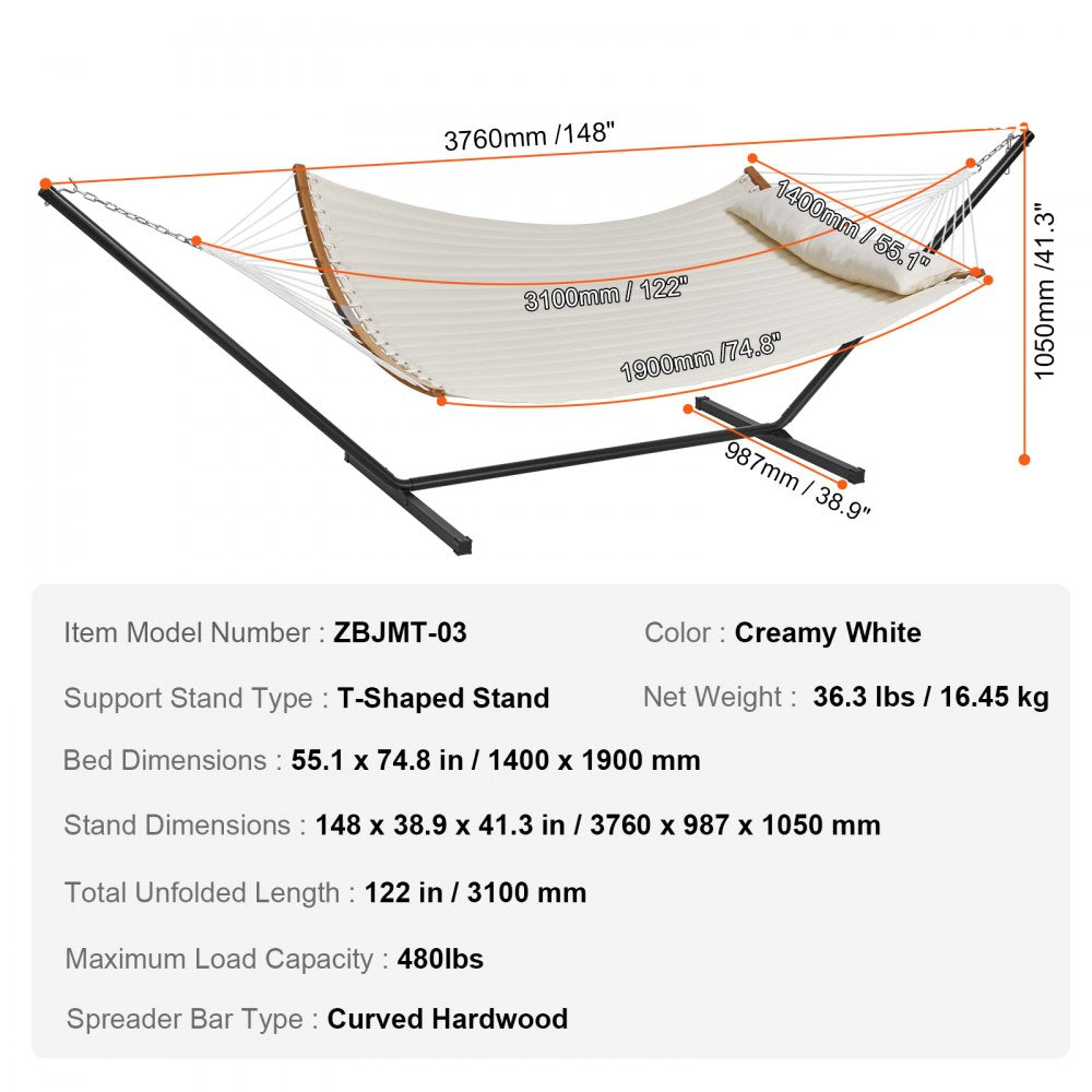 VEVOR Two Person Hammock with Stand Included, Double Hammock with Curved Spreader Bar and Detachable Pillow and Portable Carrying Bag, Perfect for Outdoor Freestanding Hammock, 480lb Capacity 