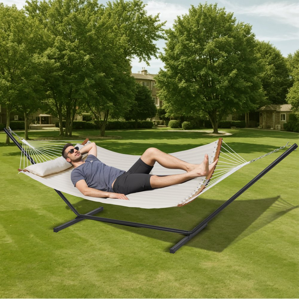 VEVOR Two Person Hammock with Stand Included, Double Hammock with Curved Spreader Bar and Detachable Pillow and Portable Carrying Bag, Perfect for Outdoor Freestanding Hammock, 480lb Capacity 