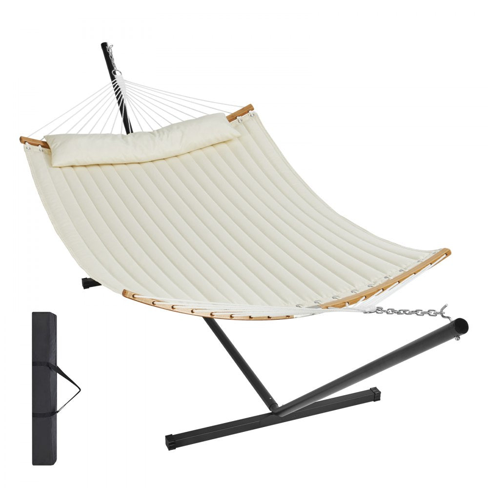 VEVOR Two Person Hammock with Stand Included, Double Hammock with Curved Spreader Bar and Detachable Pillow and Portable Carrying Bag, Perfect for Outdoor Freestanding Hammock, 480lb Capacity 