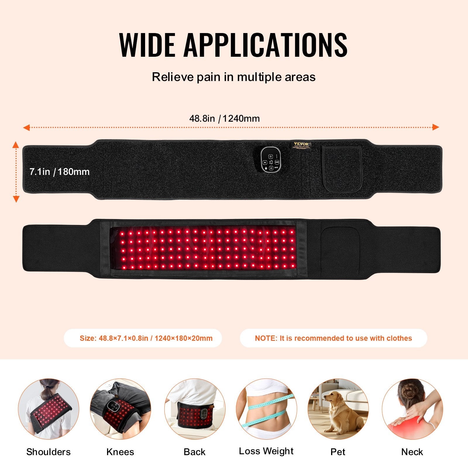 VEVOR Red Light Therapy Belt for Waist 660&850nm Red Light Therapy Pad 105 LEDs 
