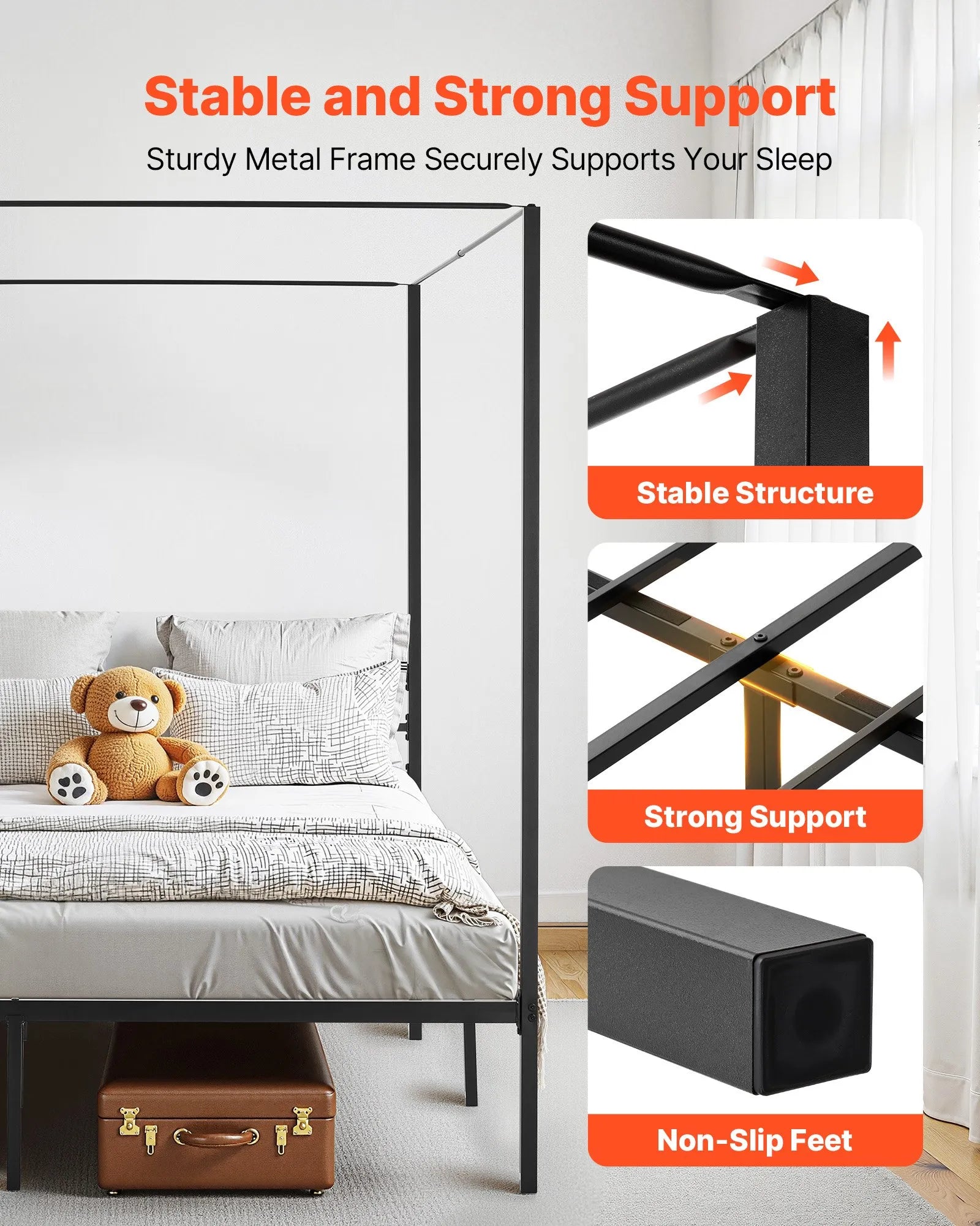 King Size Metal Canopy Bed Frame with Four-Poster Design, Heavy-Duty Steel Slats & Underbed Storage, Black