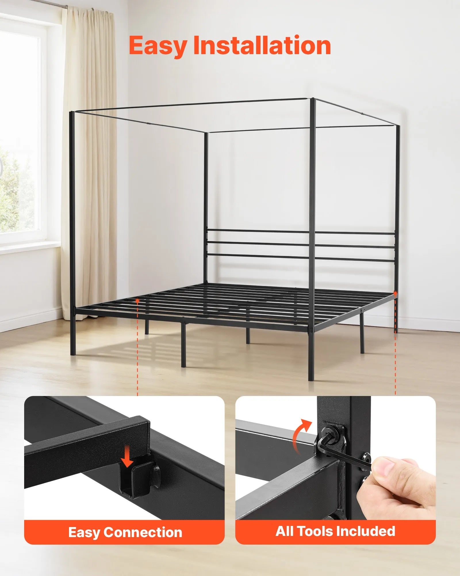 King Size Metal Canopy Bed Frame with Four-Poster Design, Heavy-Duty Steel Slats & Underbed Storage, Black