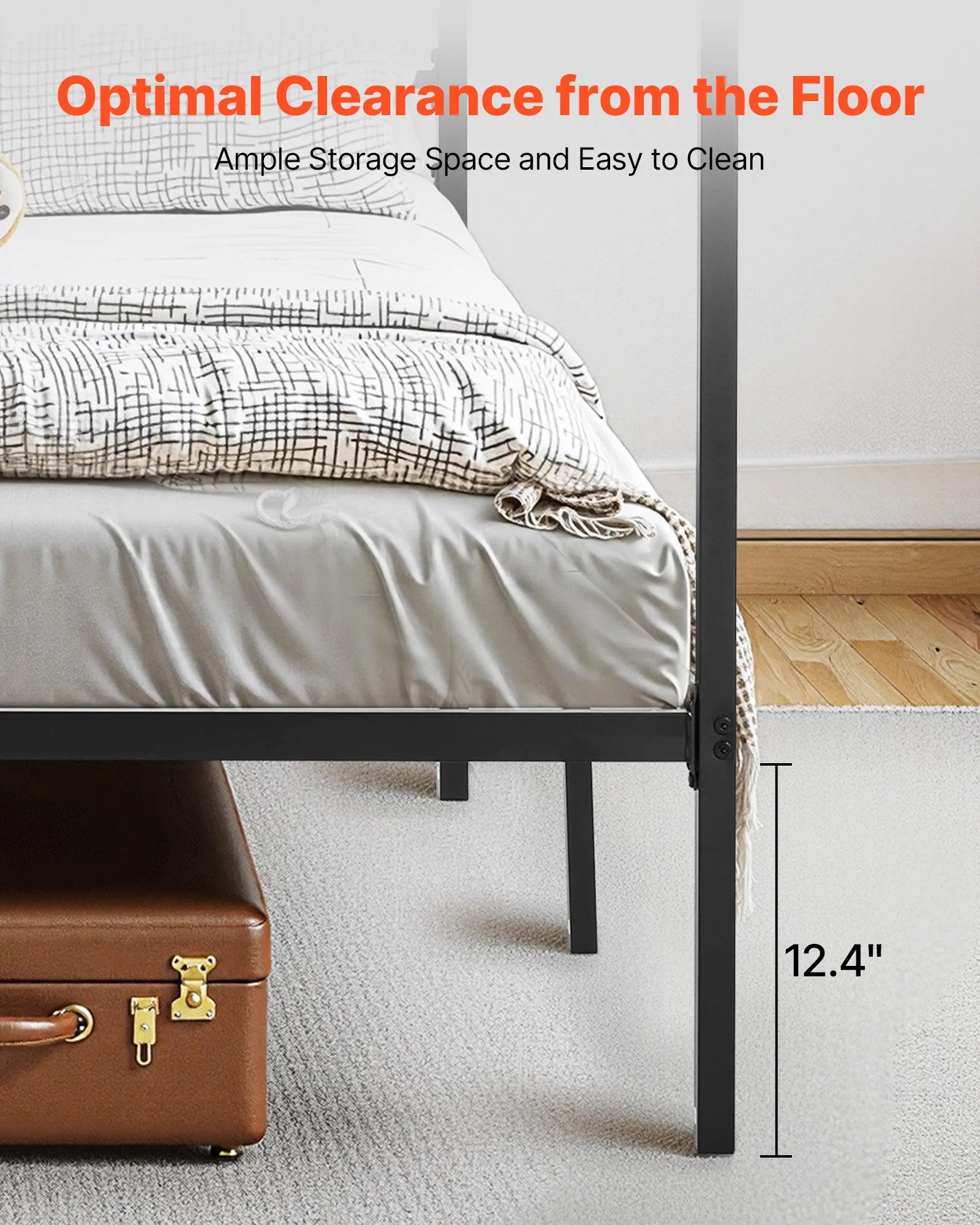 King Size Metal Canopy Bed Frame with Four-Poster Design, Heavy-Duty Steel Slats & Underbed Storage, Black