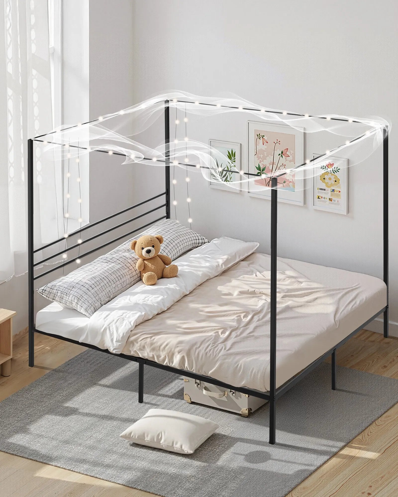 King Size Metal Canopy Bed Frame with Four-Poster Design, Heavy-Duty Steel Slats & Underbed Storage, Black
