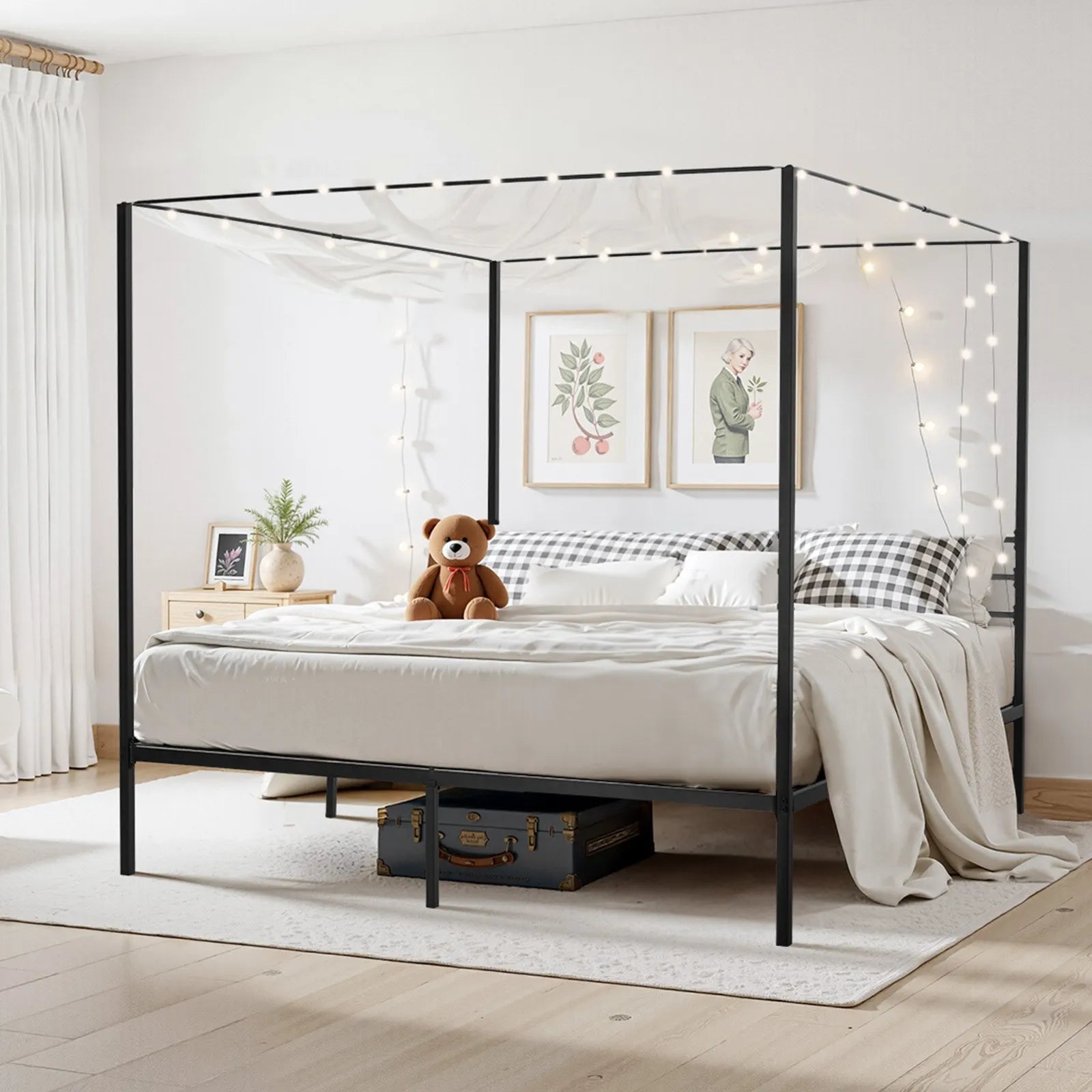 King Size Metal Canopy Bed Frame with Four-Poster Design, Heavy-Duty Steel Slats & Underbed Storage, Black