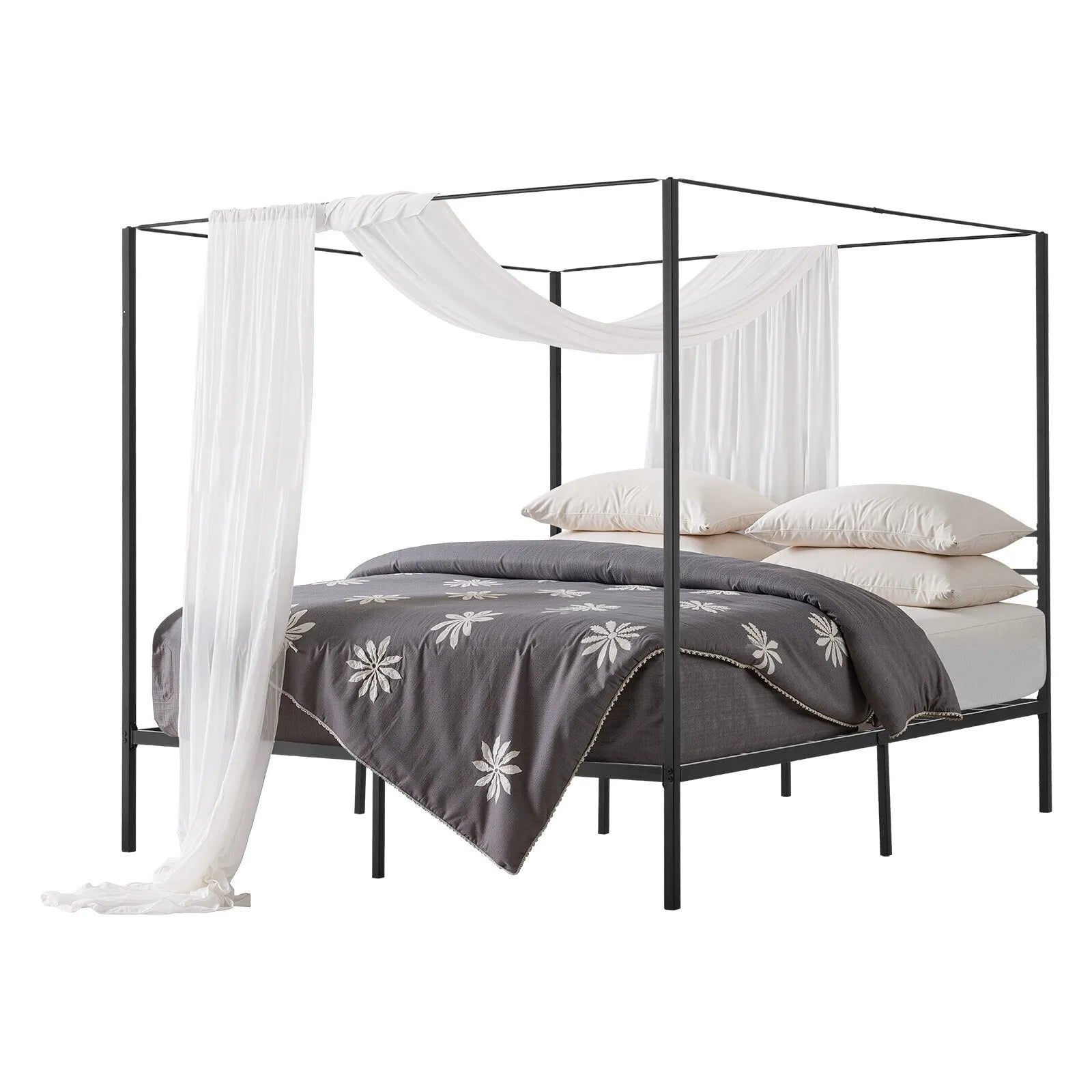 King Size Metal Canopy Bed Frame with Four-Poster Design, Heavy-Duty Steel Slats & Underbed Storage, Black