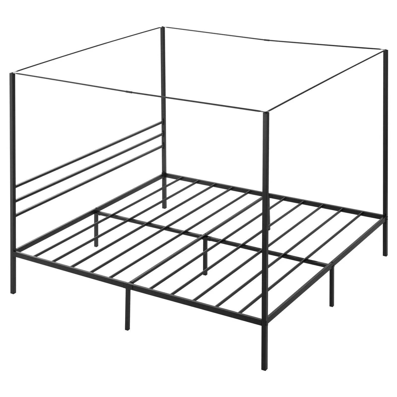 King Size Metal Canopy Bed Frame with Four-Poster Design, Heavy-Duty Steel Slats & Underbed Storage, Black
