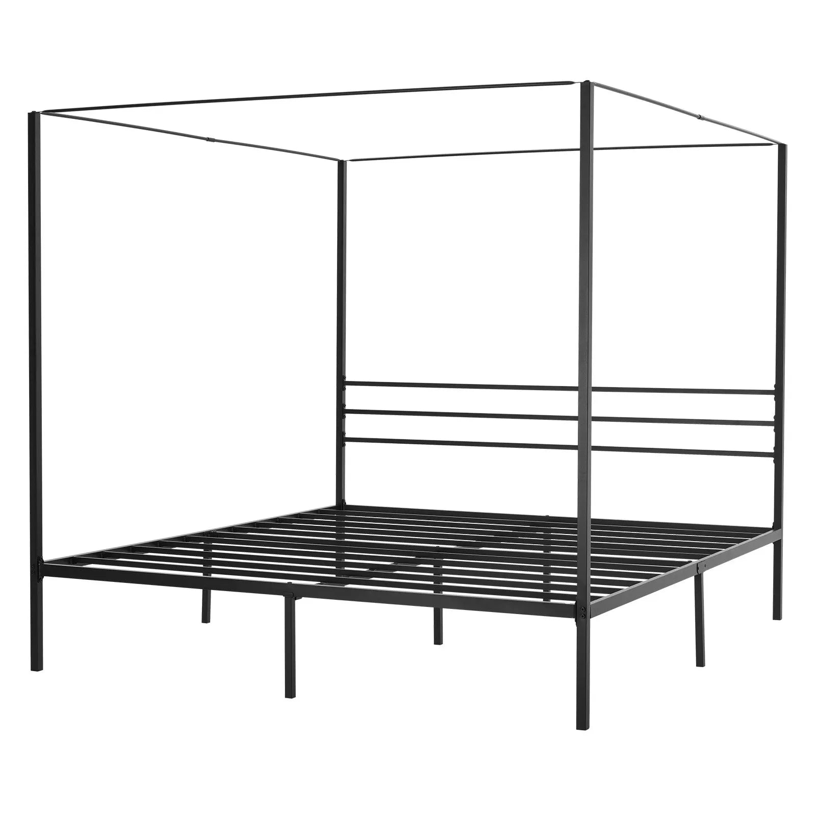 King Size Metal Canopy Bed Frame with Four-Poster Design, Heavy-Duty Steel Slats & Underbed Storage, Black