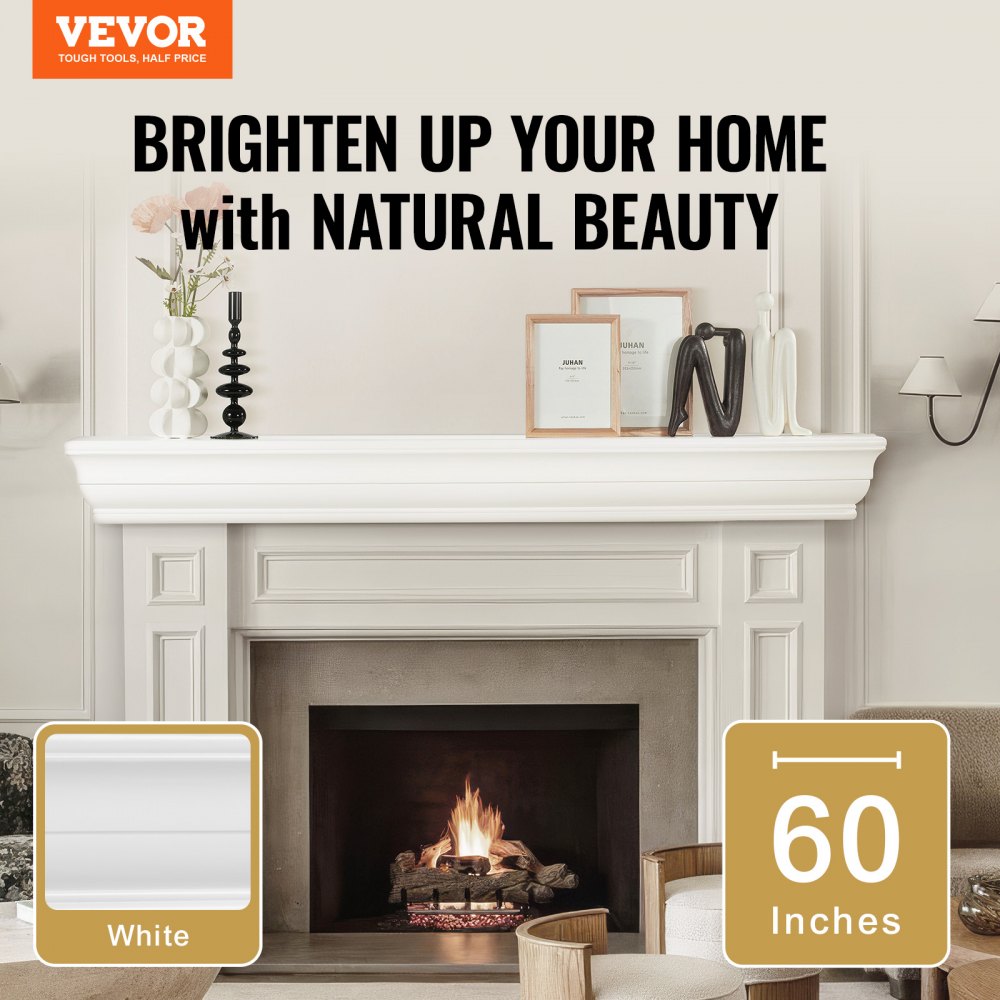 VEVOR Fireplace Mantel Wood Shelf Floating Living Room Mantel Shelf 60" White 