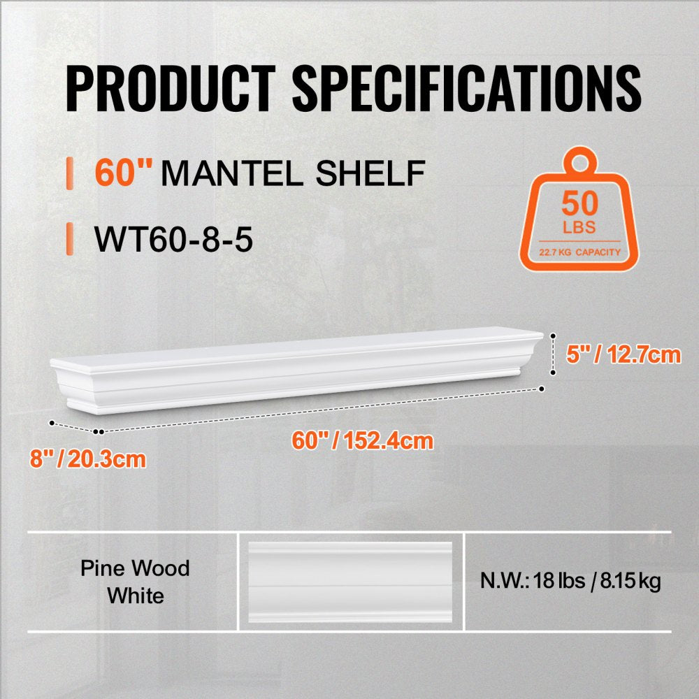 VEVOR Fireplace Mantel Wood Shelf Floating Living Room Mantel Shelf 60" White 