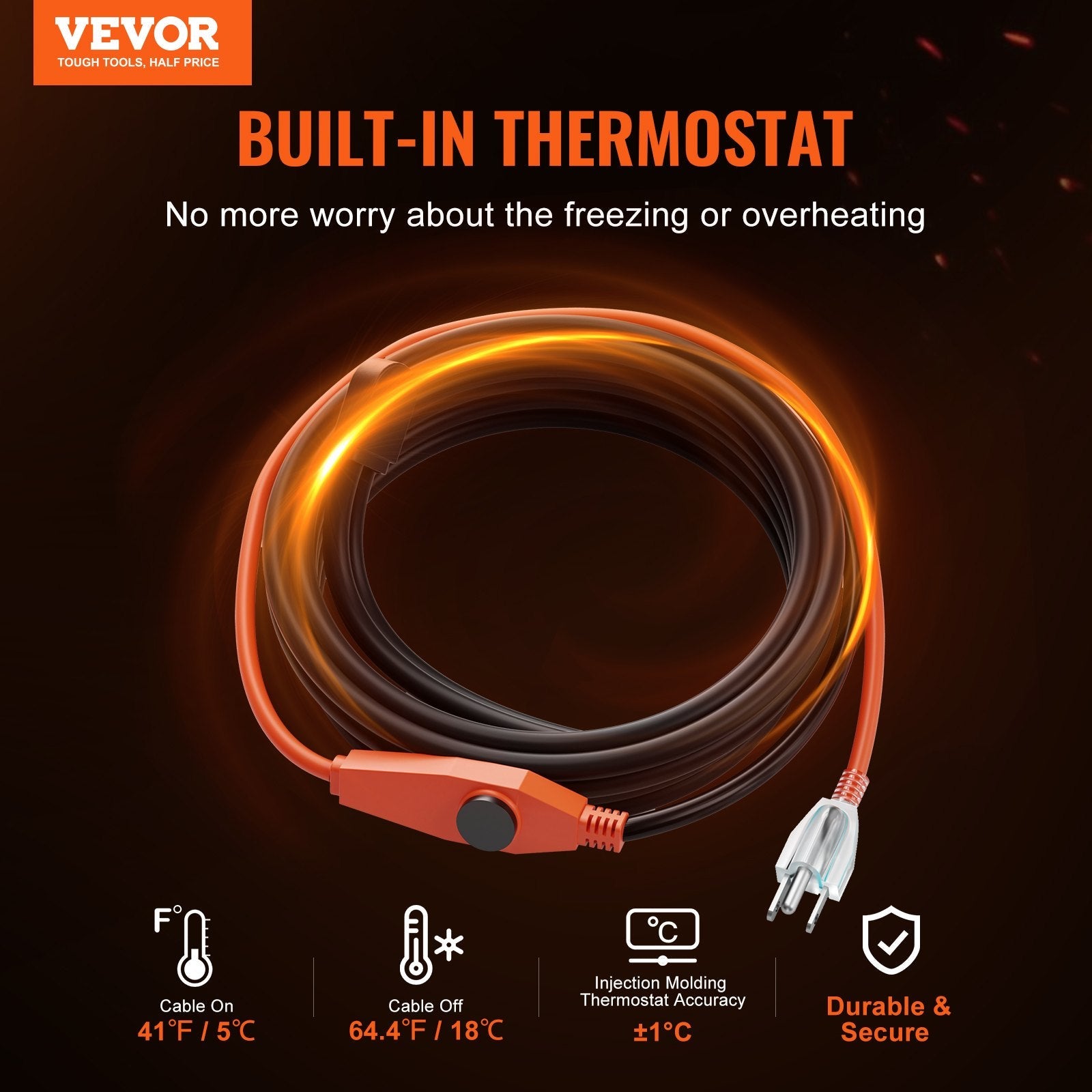 VEVOR Pipe Heating Cable 24FT 7W/FT Heat Tape for Pipes with Built-in Thermostat 