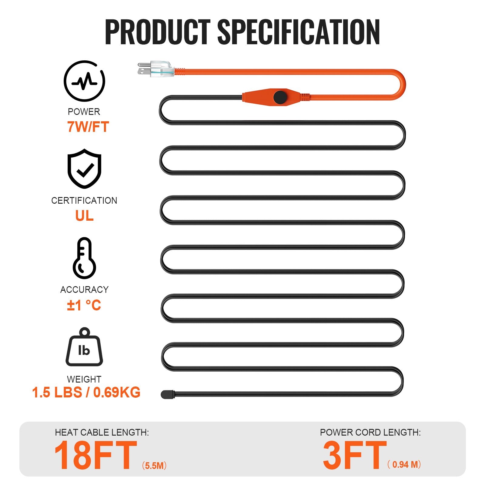 VEVOR Pipe Heating Cable 18FT 7W/FT Heat Tape for Pipes with Built-in Thermostat 