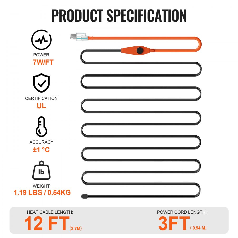 VEVOR Pipe Heating Cable 12FT 7W/FT Heat Tape for Pipes with Built-in Thermostat 