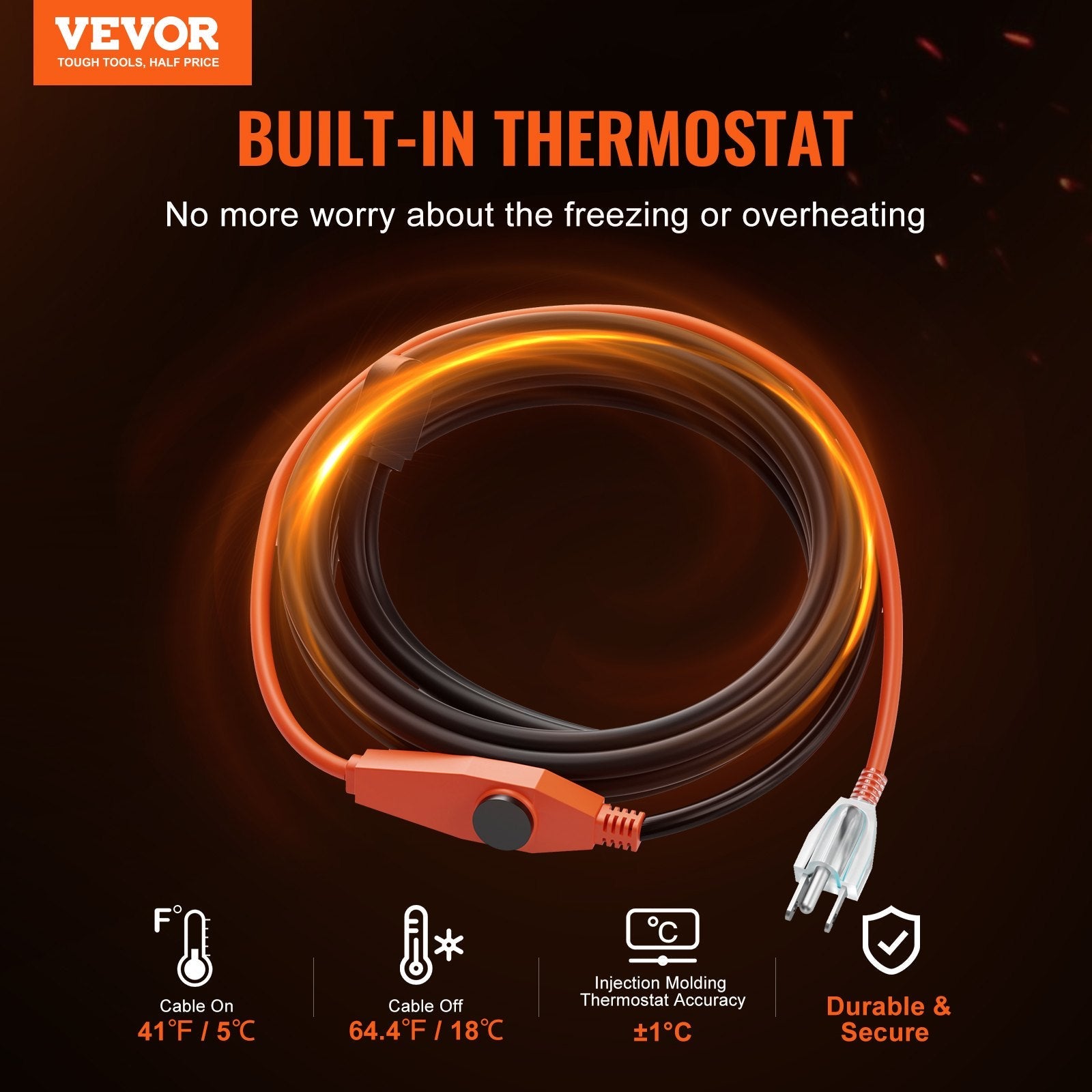 VEVOR Pipe Heating Cable 9FT 7W/FT Heat Tape for Pipes with Built-in Thermostat 