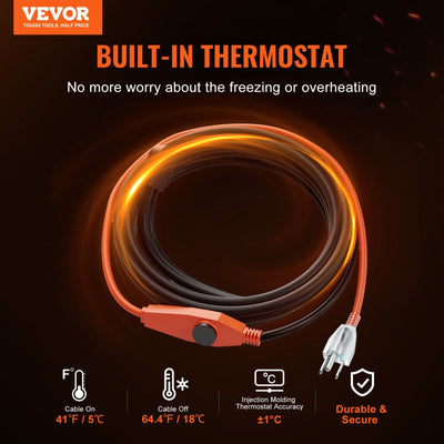 VEVOR Pipe Heating Cable 9FT 7W/FT Heat Tape for Pipes with Built-in Thermostat 