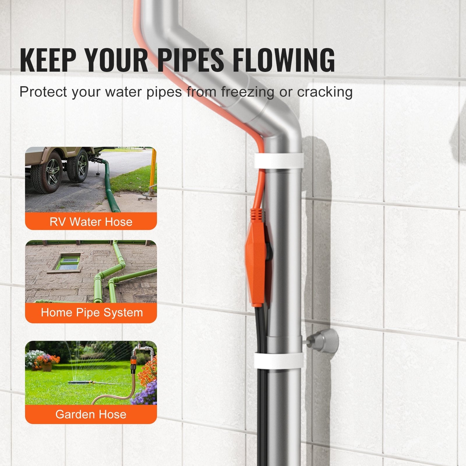 VEVOR Pipe Heating Cable 9FT 7W/FT Heat Tape for Pipes with Built-in Thermostat 