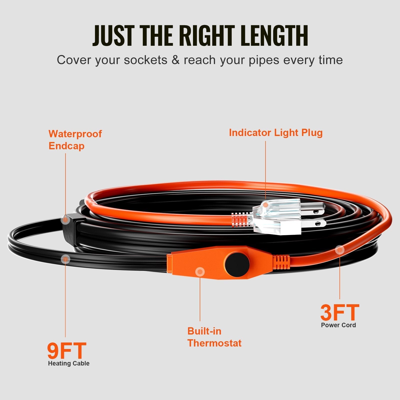 VEVOR Pipe Heating Cable 9FT 7W/FT Heat Tape for Pipes with Built-in Thermostat 