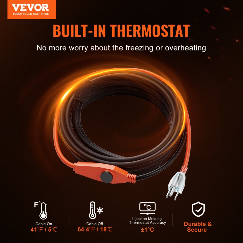 VEVOR Pipe Heating Cable 30FT 7W/FT Heat Tape for Pipes with Built-in Thermostat 
