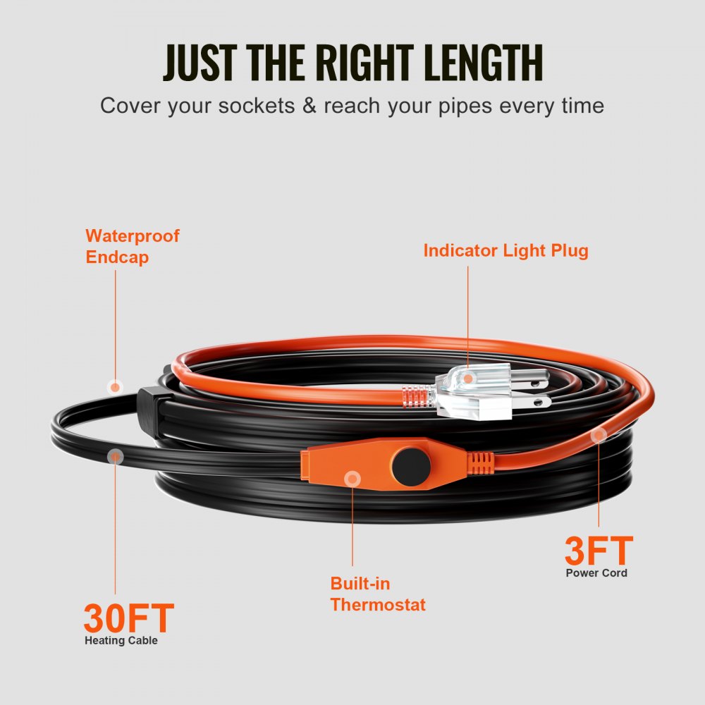 VEVOR Pipe Heating Cable 30FT 7W/FT Heat Tape for Pipes with Built-in Thermostat 
