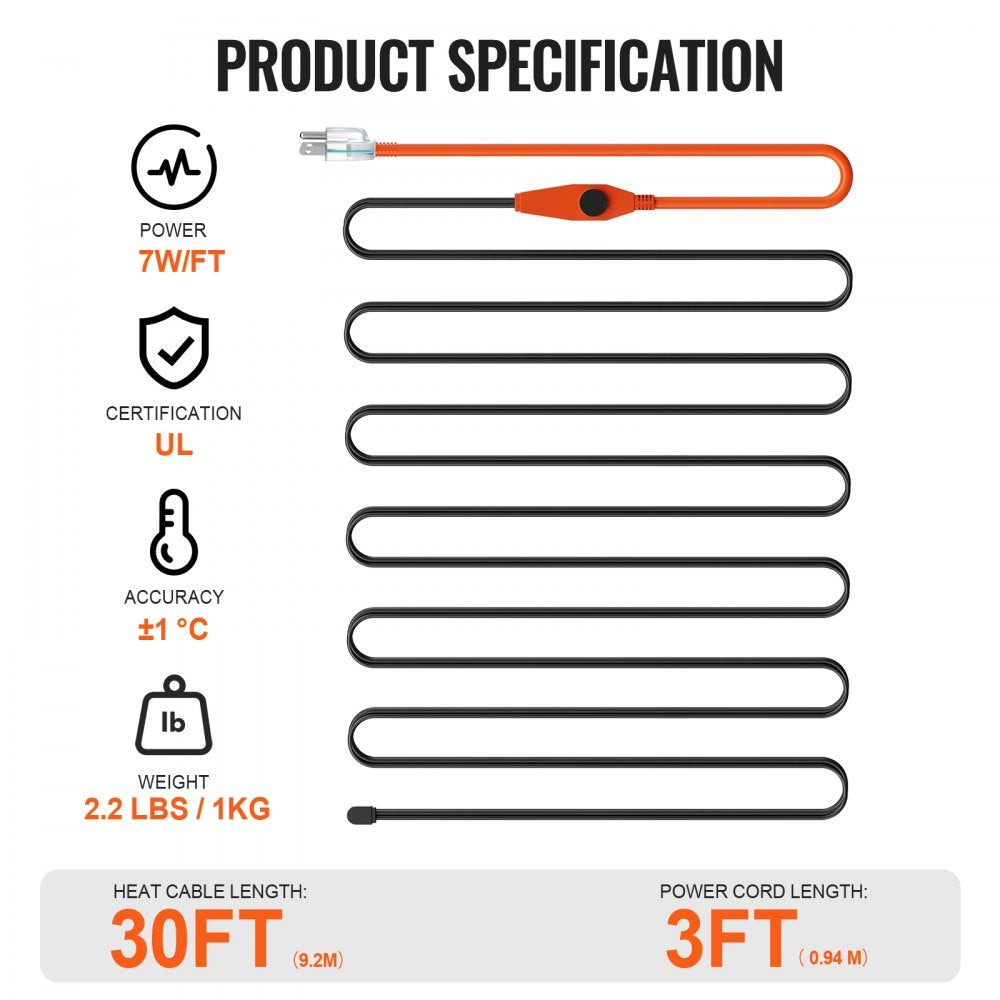 VEVOR Pipe Heating Cable 30FT 7W/FT Heat Tape for Pipes with Built-in Thermostat 