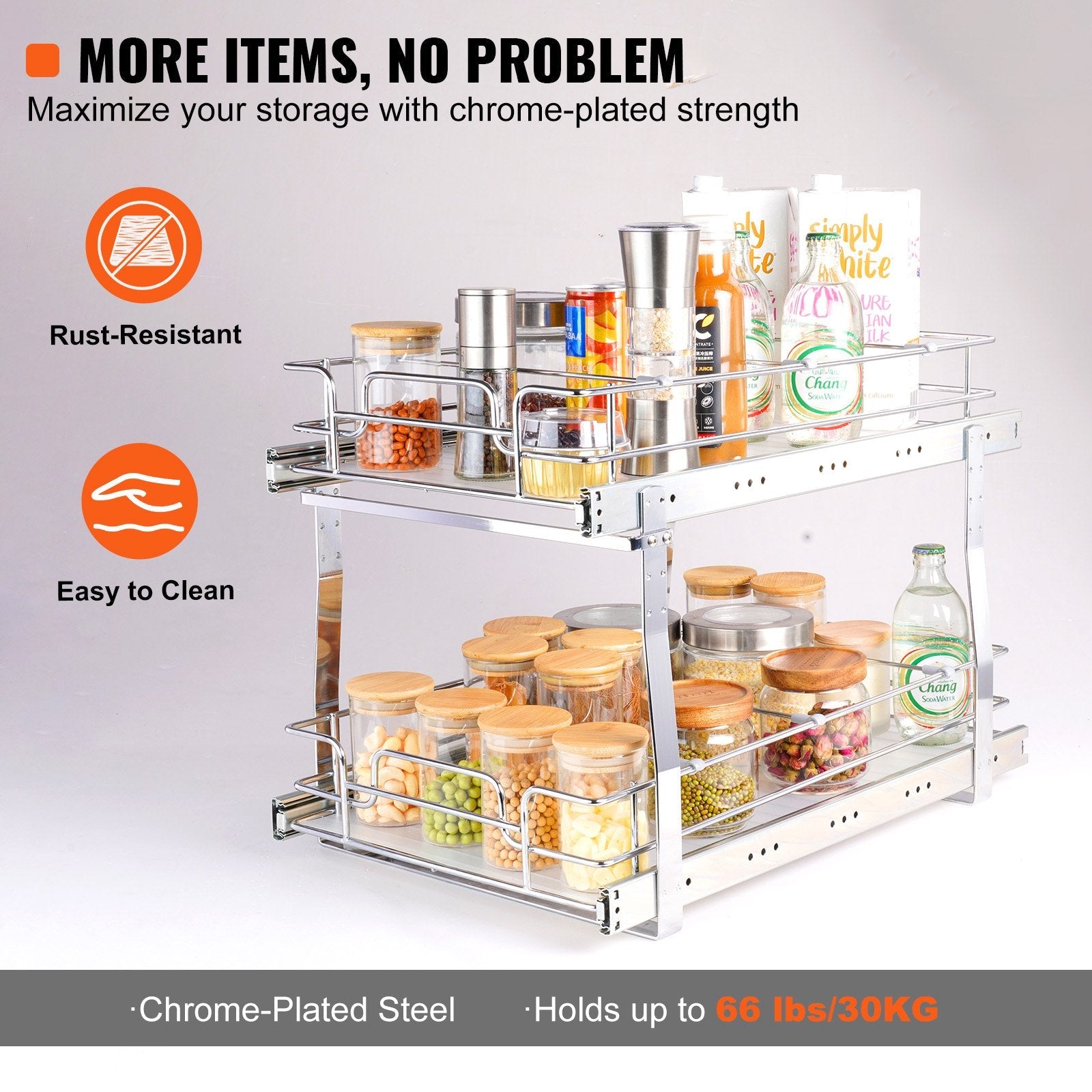 VEVOR 2 Tier 14"W x 21"D Pull Out Cabinet Organizer, Heavy Duty Slide Out Pantry Shelves, Chrome-Plated Steel Roll Out Drawers, Sliding Drawer Storage for Inside Kitchen Cabinet, Bathroom, Under Sink 