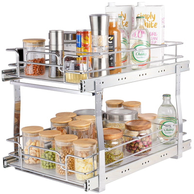 VEVOR 2 Tier 14"W x 21"D Pull Out Cabinet Organizer, Heavy Duty Slide Out Pantry Shelves, Chrome-Plated Steel Roll Out Drawers, Sliding Drawer Storage for Inside Kitchen Cabinet, Bathroom, Under Sink 