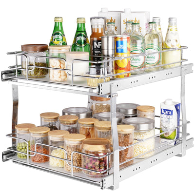 VEVOR 2 Tier 17"W x 21"D Pull Out Cabinet Organizer, Heavy Duty Slide Out Pantry Shelves, Chrome-Plated Steel Roll Out Drawers, Sliding Drawer Storage for Inside Kitchen Cabinet, Bathroom, Under Sink 