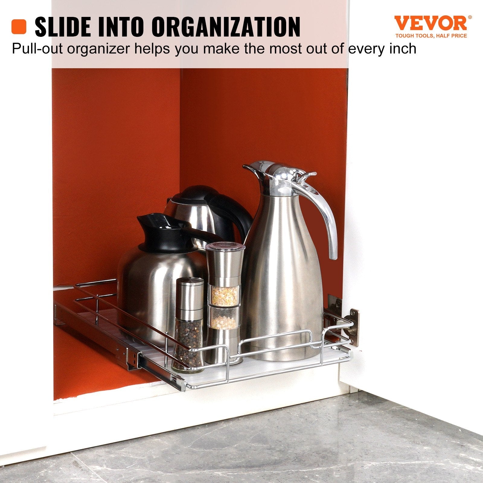 VEVOR 12"W x 17"D Pull Out Cabinet Organizer, Heavy Duty Slide Out Pantry Shelves, Chrome-Plated Steel Roll Out Drawers, Sliding Drawer Storage for Home, Inside Kitchen Cabinet, Bathroom, Under Sink 