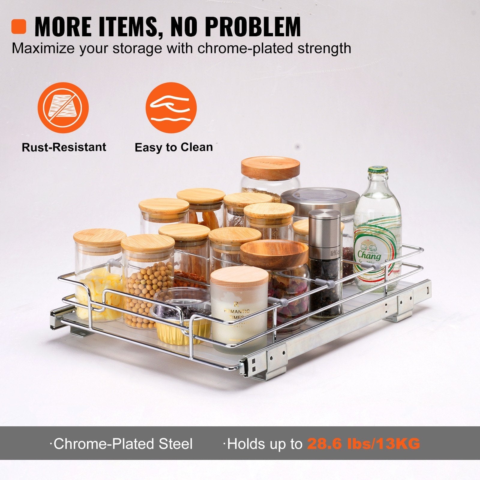 VEVOR 12"W x 17"D Pull Out Cabinet Organizer, Heavy Duty Slide Out Pantry Shelves, Chrome-Plated Steel Roll Out Drawers, Sliding Drawer Storage for Home, Inside Kitchen Cabinet, Bathroom, Under Sink 