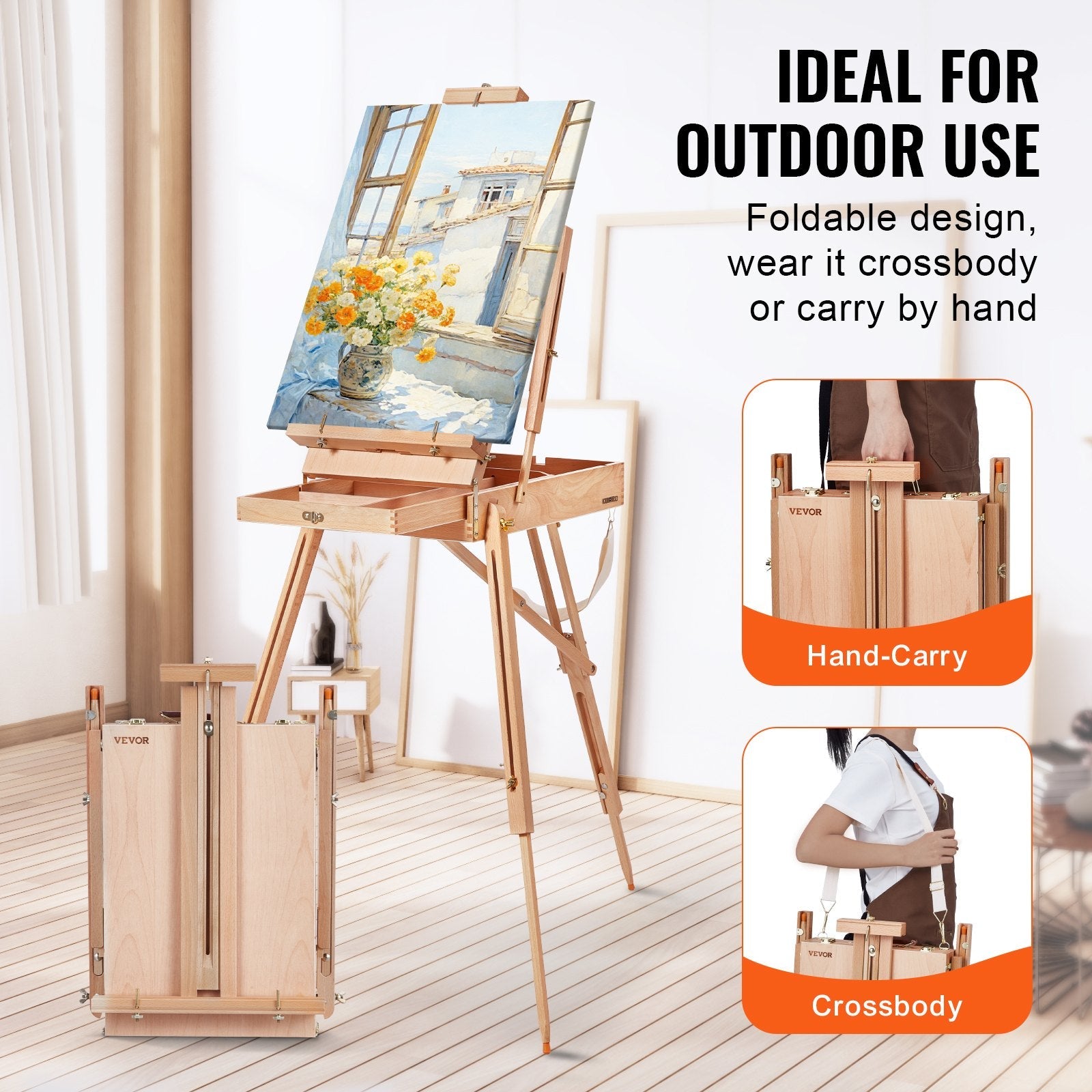 VEVOR French Easel Hold Canvas to 34" Beechwood Foldable Sketchbox Easel Drawer 