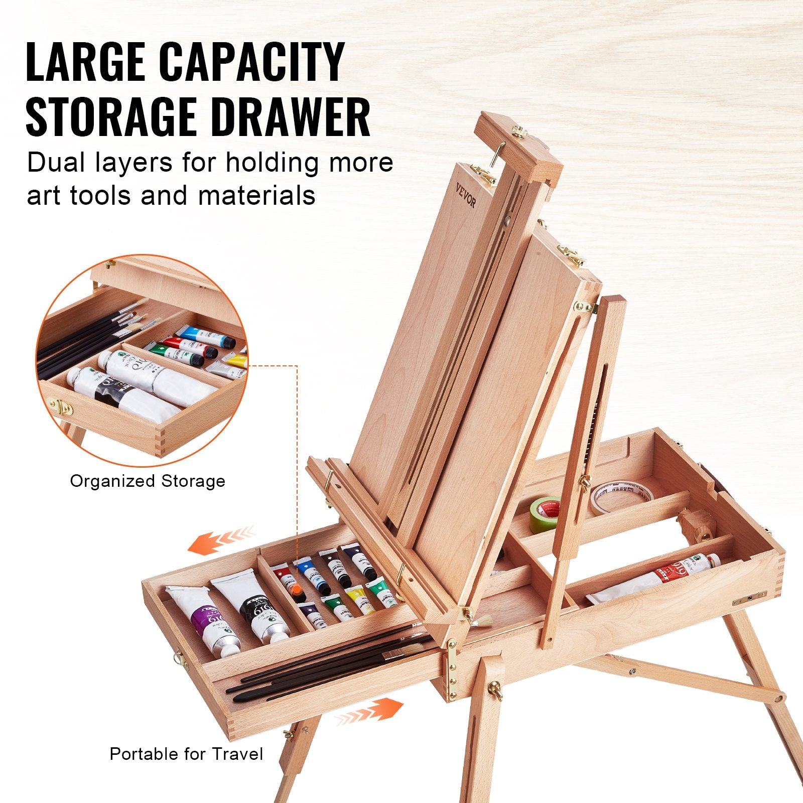 VEVOR French Easel Hold Canvas to 34" Beechwood Foldable Sketchbox Easel Drawer 