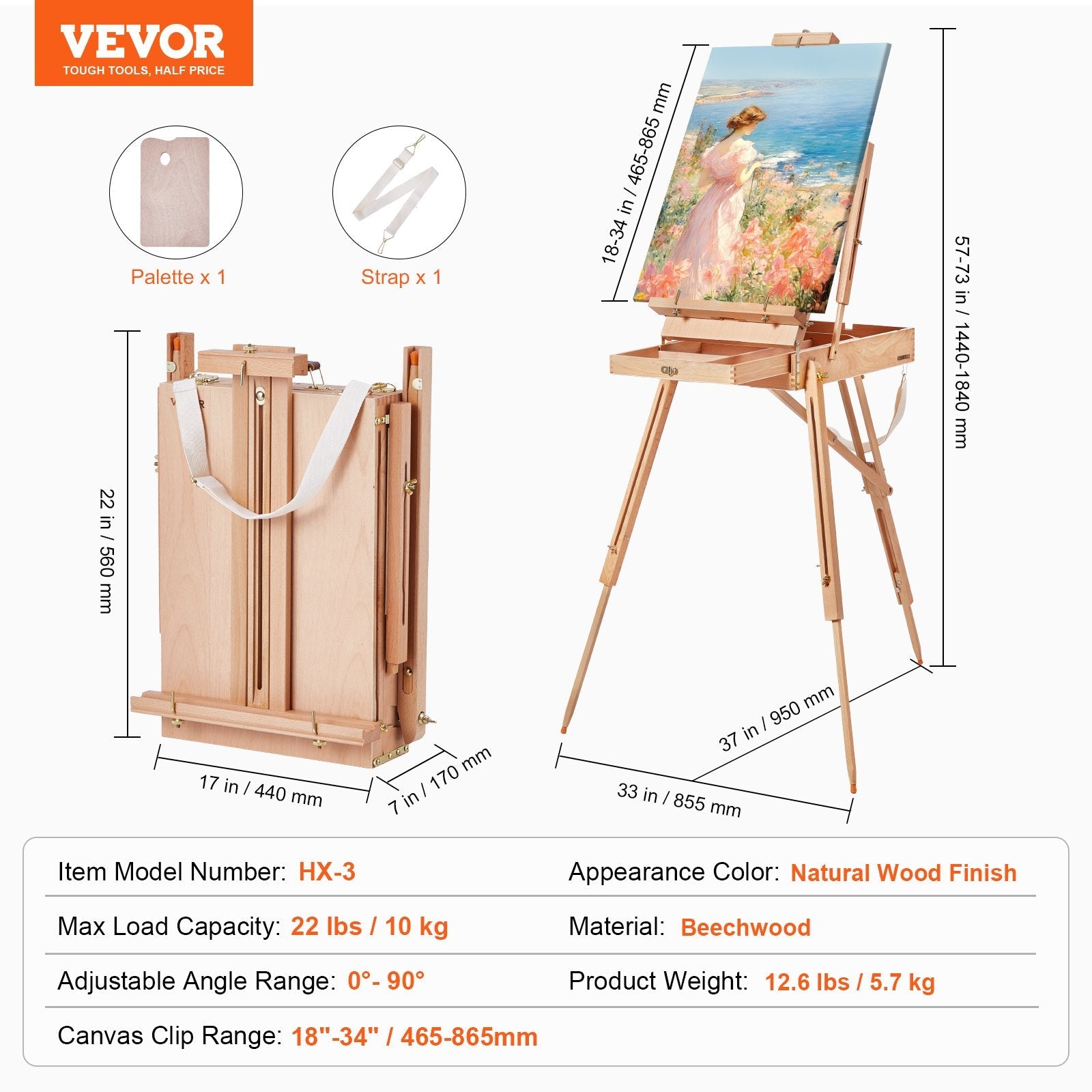 VEVOR French Easel Hold Canvas to 34" Beechwood Foldable Sketchbox Easel Drawer 