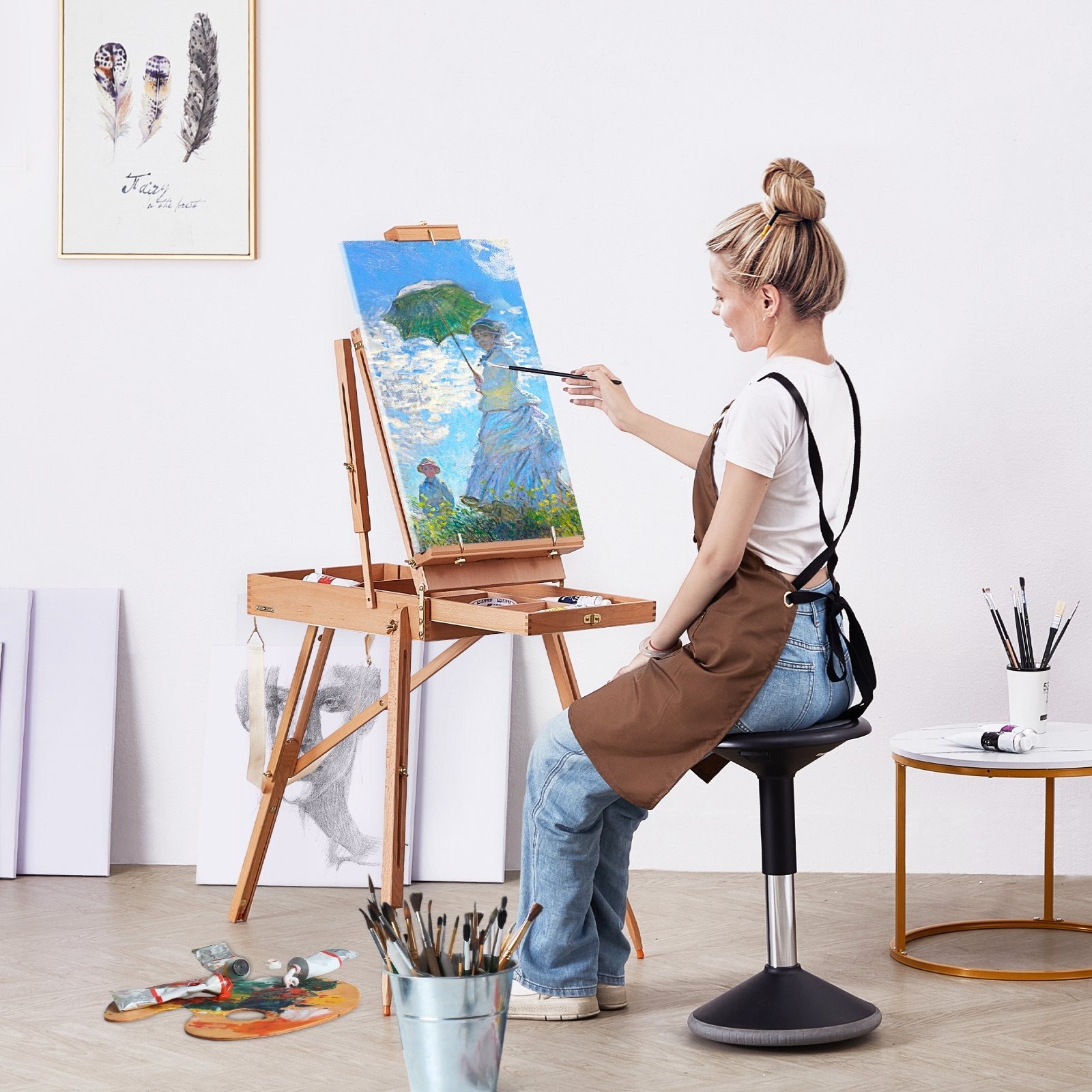 VEVOR French Easel Hold Canvas to 34" Beechwood Foldable Sketchbox Easel Drawer 