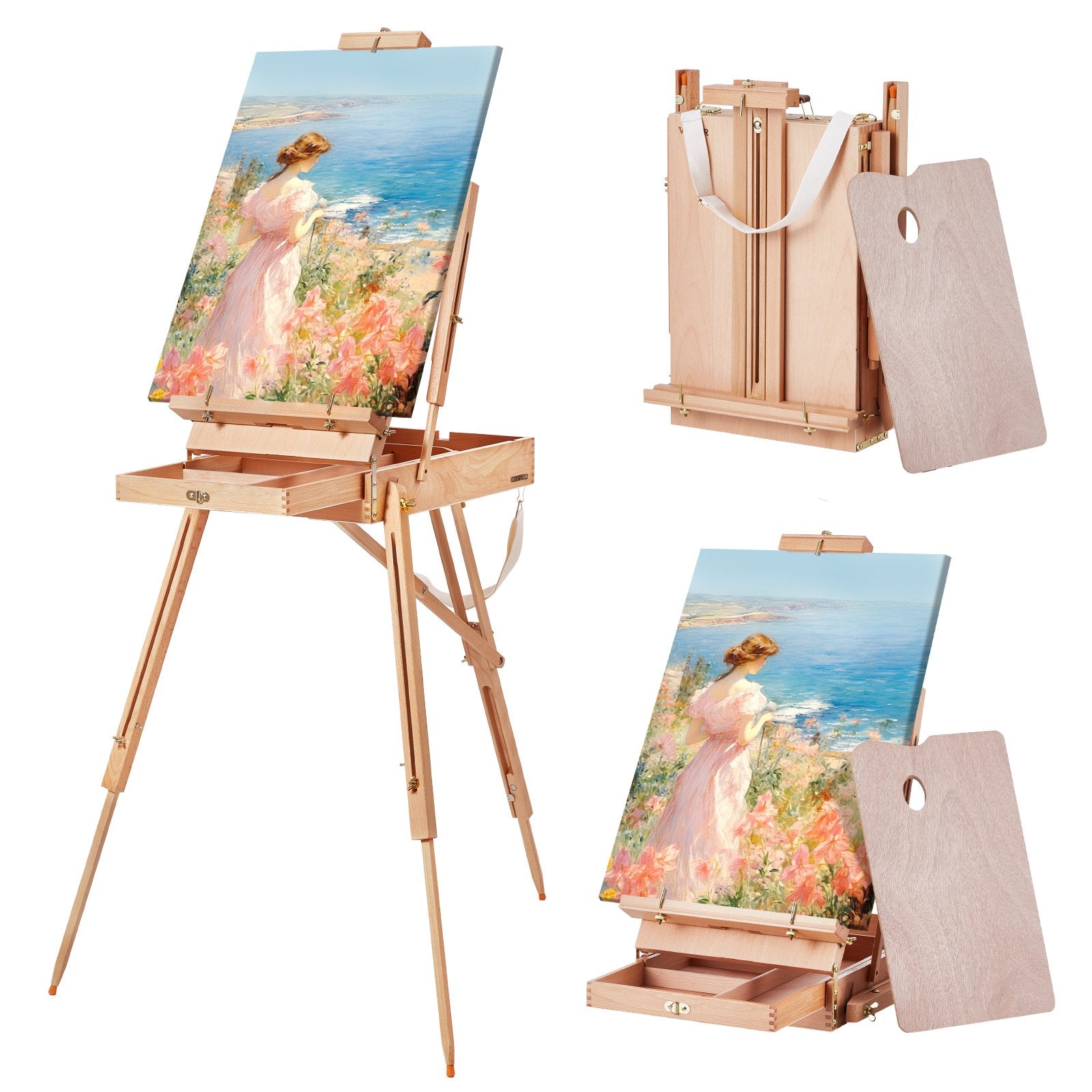 VEVOR French Easel Hold Canvas to 34" Beechwood Foldable Sketchbox Easel Drawer 