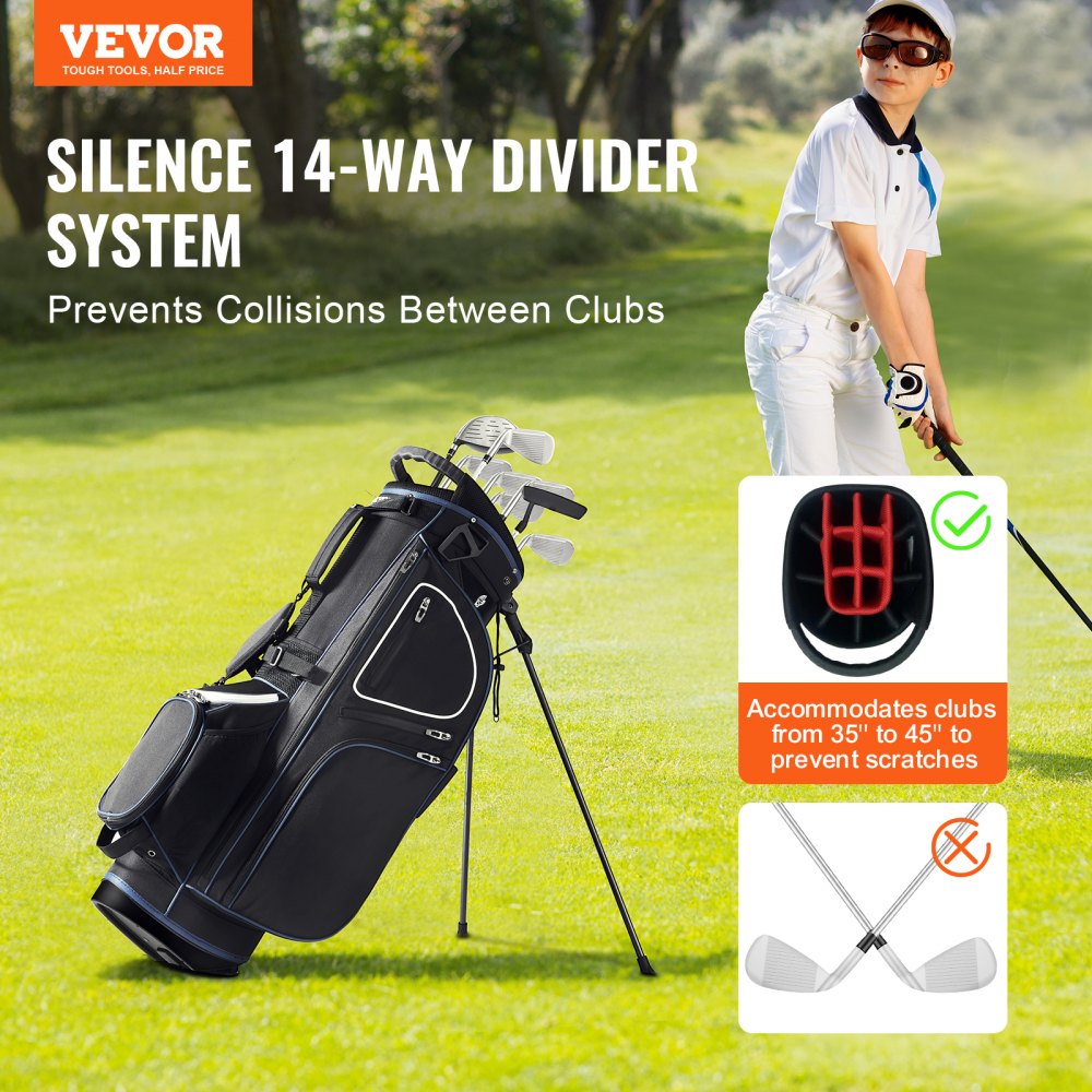 VEVOR Golf Cart Bag with 14 Way Organizer Divider Top, 35” 11 Pockets Premium Cart Bag with Stand, Durable Golf Bags with Handles & Dust Cover & Detachable Dual Strap for Men & Women, Black White 