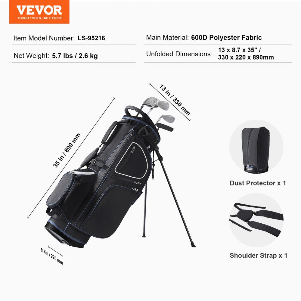 VEVOR Golf Cart Bag with 14 Way Organizer Divider Top, 35” 11 Pockets Premium Cart Bag with Stand, Durable Golf Bags with Handles & Dust Cover & Detachable Dual Strap for Men & Women, Black White 