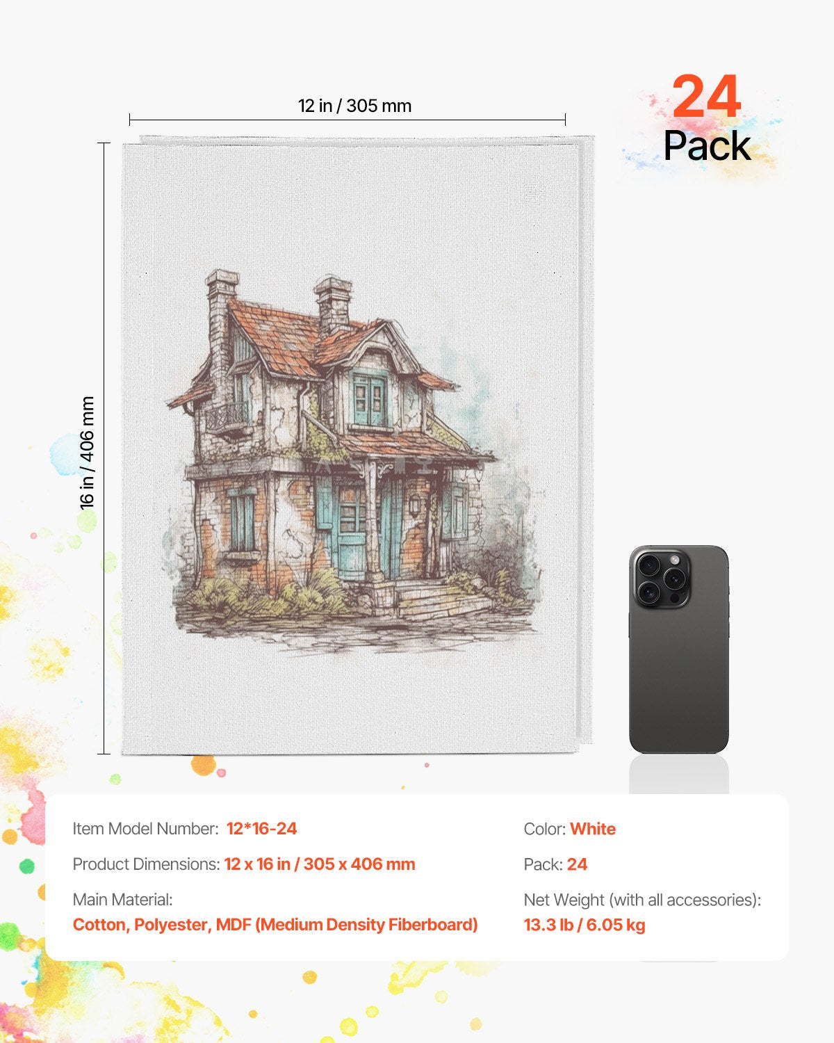 VEVOR Canvas Boards for Painting 24 Pack 12 x 16 Inch Blank Canvases for Painting 