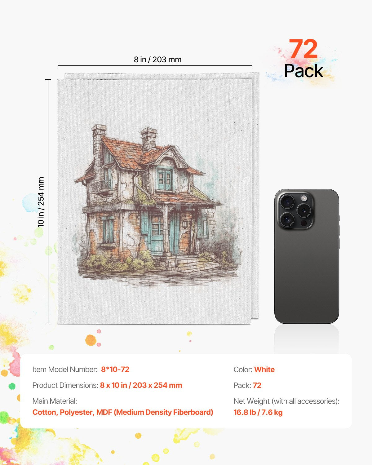 VEVOR Canvas Boards for Painting 72 Pack 8 x 10 Inch Blank Canvases for Painting 