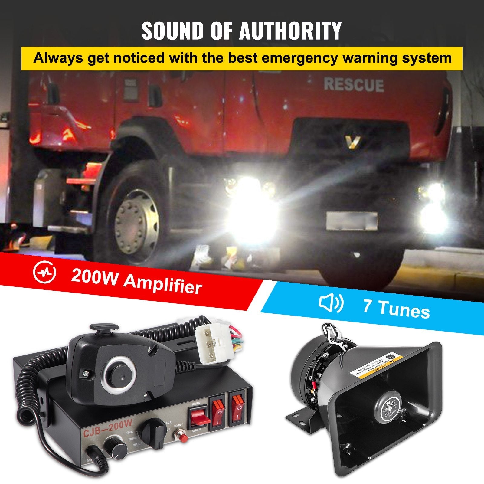 VEVOR 200W Car Warning Alarm Vehicle 7 Sound Loud Warning Alarm Kit MIC System Emergency Fire Siren PA Speaker 