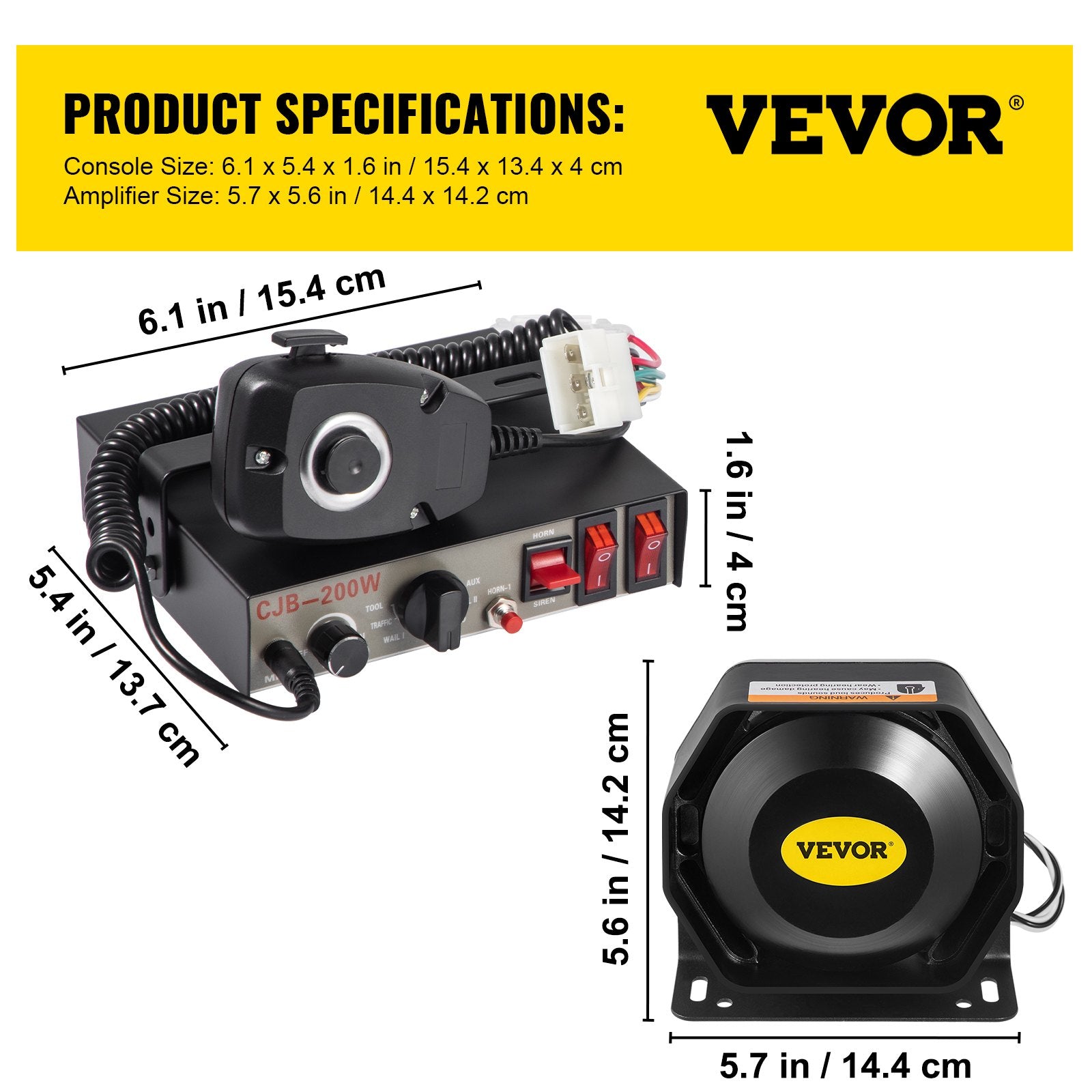 VEVOR Police Sirens 200W 9-Tone Car Warning Alarm Handhold Microphone Light Control Switches Emergency Electronic PA System for Cars Fire Trucks 